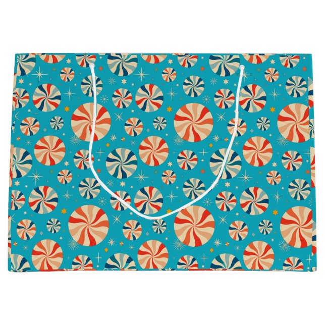 Retro Christmas Candy Cane Blue Große Geschenktüte (Vorderseite)