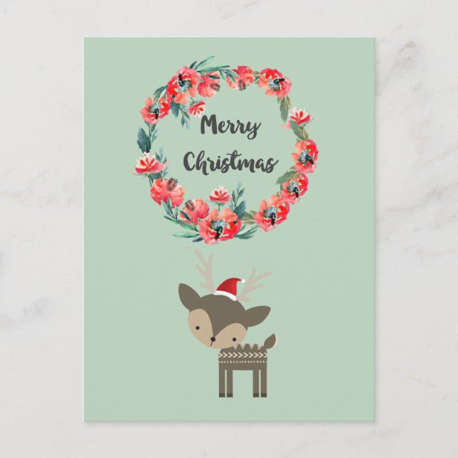 Retro Christmas Deer Red Floral Wreath Weihnachten (Vorderseite)