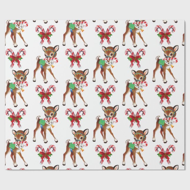 Retro Christmas Deer und Candy Canes Geschenkpapier (Flach)