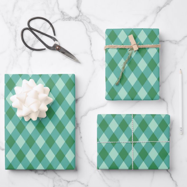 Retro Christmas Diamond Kariert - grün & türkis Geschenkpapier Set (Vorderseite)