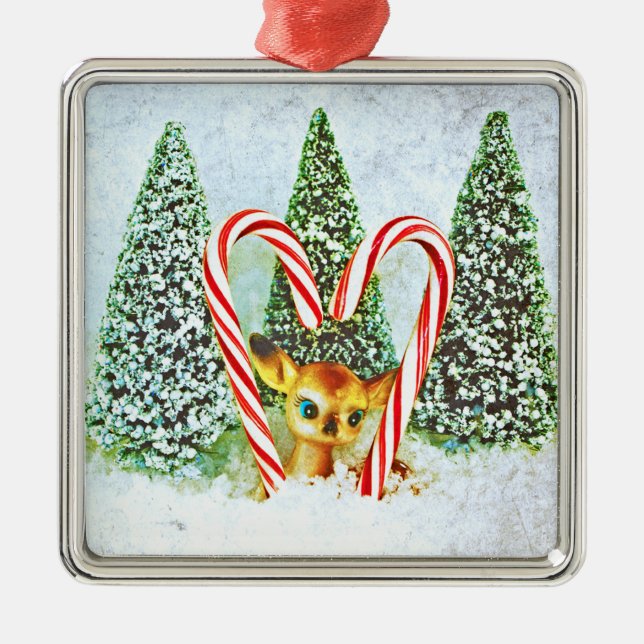 Retro Christmas Fawn Ornament Aus Metall (Vorne)
