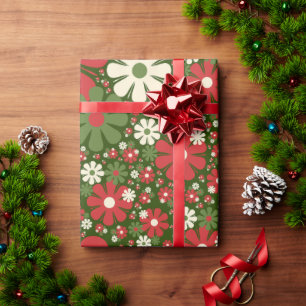 Retro Christmas Floral Fantasy Pattern Red Green Geschenkpapier
