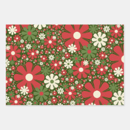 Retro Christmas Floral Fantasy Pattern Red Green Geschenkpapier Set
