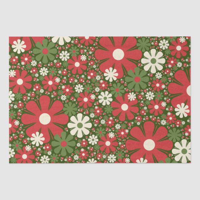 Retro Christmas Floral Fantasy Pattern Red Green Seidenpapier (Vorderseite)