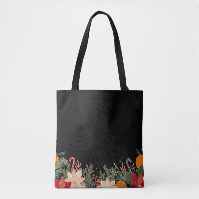 Retro Christmas floral pattern in black Tasche (Vorderseite)
