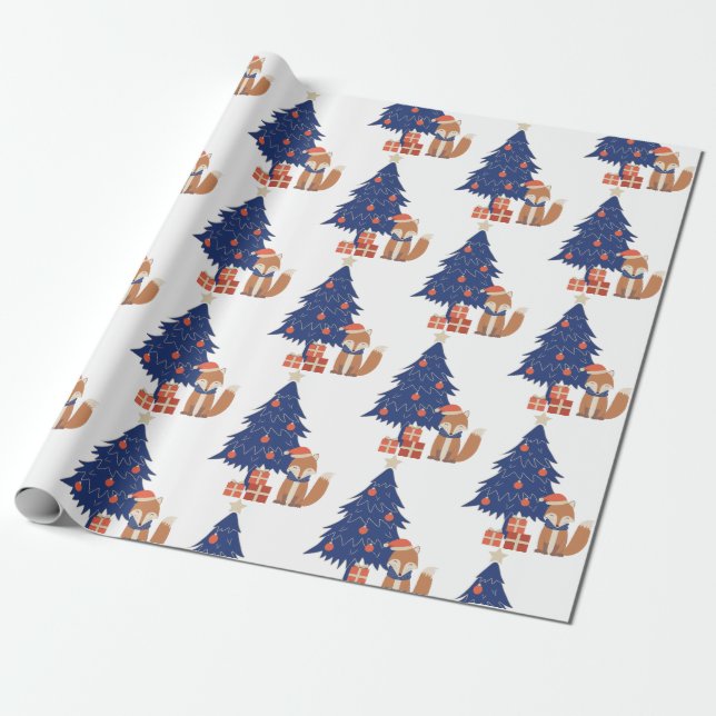 Retro Christmas Fox Illustration Blue Red Geschenkpapier (Ungerollt)