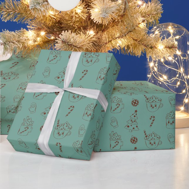 Retro Christmas Hot Cocoa Holiday Kawaii Muster Geschenkpapier (Feiertage)