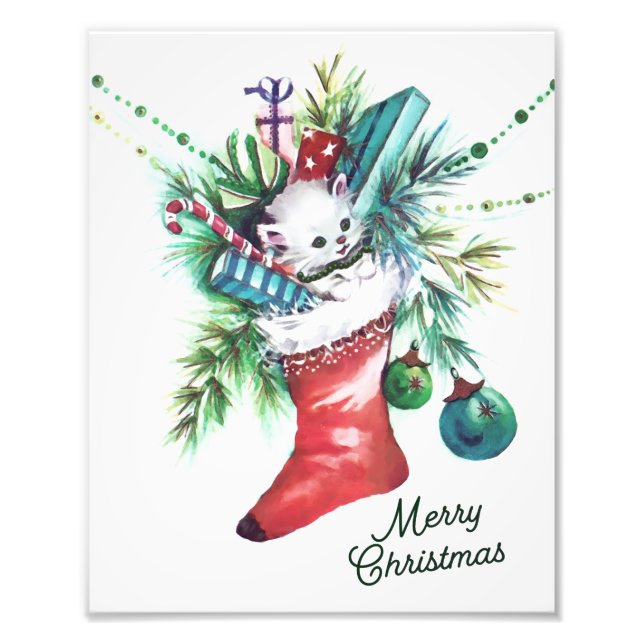 Retro Christmas Kitten in Red Strumpf Wall Art Fotodruck (Vorne)
