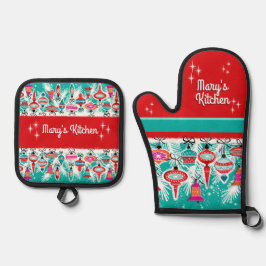 Retro Christmas Ornaments - Customizable  Ofenhandschuh & Topflappen-Set