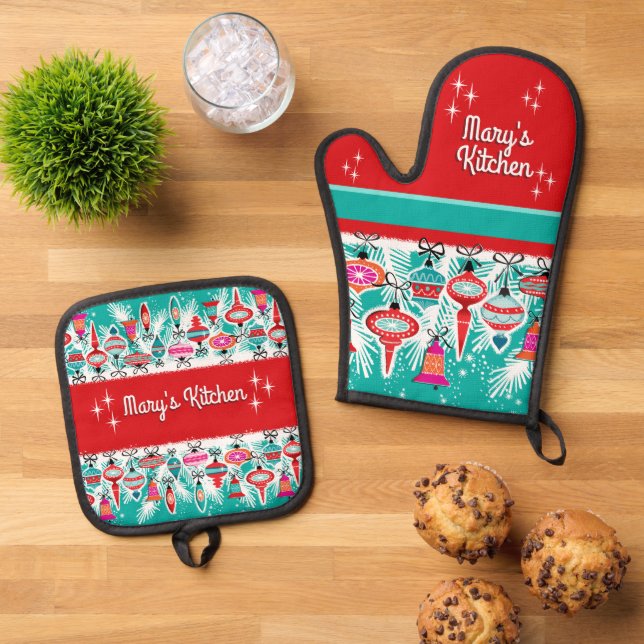 Retro Christmas Ornaments - Customizable  Ofenhandschuh & Topflappen-Set (Oben Unten)