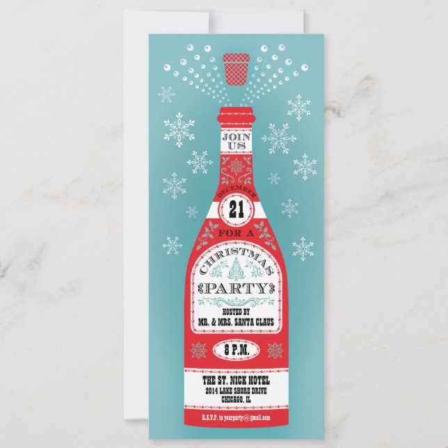 Retro Christmas Party Champagne Bottle Invitation (Devant)