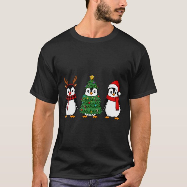 Retro Christmas Penguin Santa Reindeer  T-Shirt (Vorderseite)