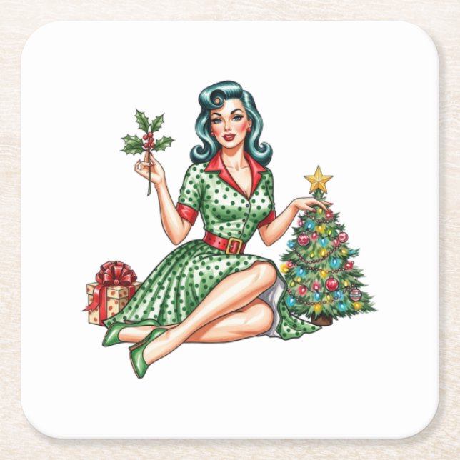Retro Christmas Pin-Up Paper Coaster Rechteckiger Pappuntersetzer (Vorderseite)