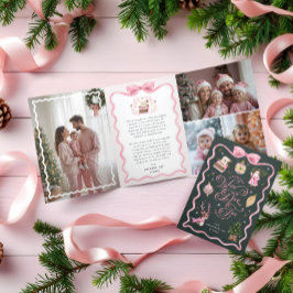 Retro Christmas Pink Ribbon Family Foto Gallery Dreifach Gefaltete Urlaubskarte
