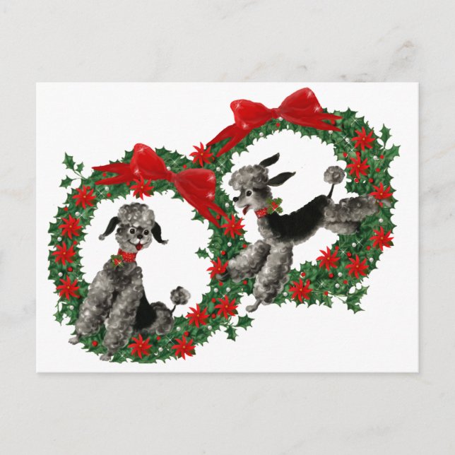 Retro Christmas Poodles in Wreaths Feiertagspostkarte (Vorderseite)
