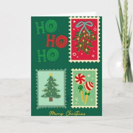 Retro Christmas Postage Card – Mistletoe, Tree & P Karte