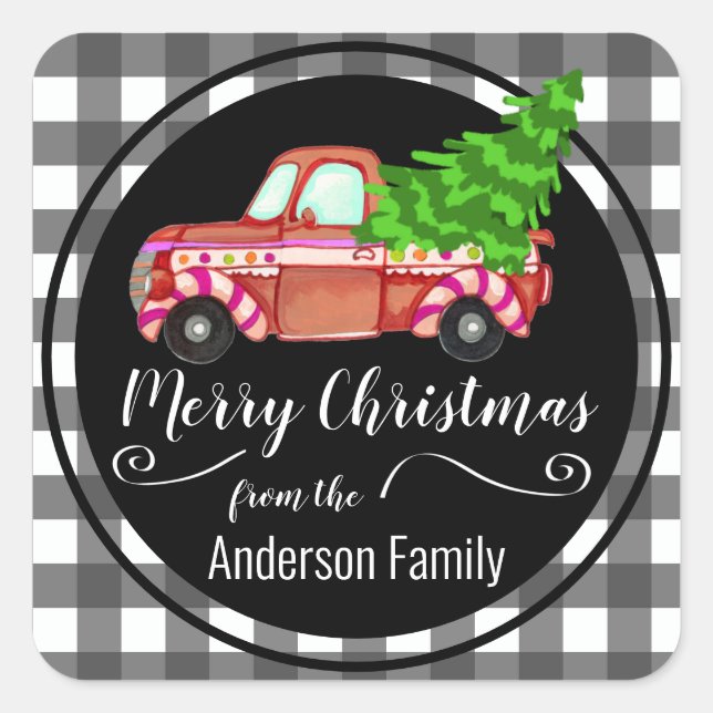 Retro Christmas Red Truck Familienname Quadratischer Aufkleber (Vorderseite)
