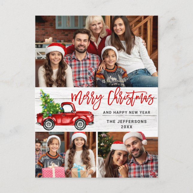 Retro Christmas Red Truck Rustic 3 FOTO Gruß Postkarte (Vorderseite)