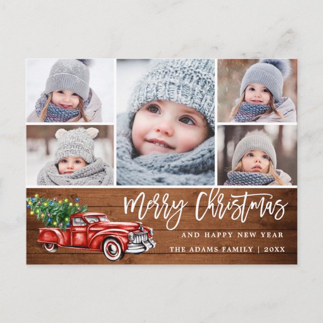 Retro Christmas Red Truck Rustic 5 FOTO Gruß Postkarte (Vorderseite)