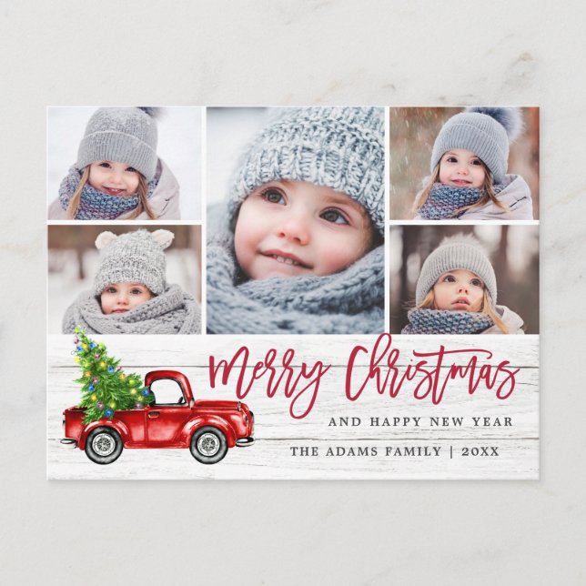 Retro Christmas Red Truck Rustic 5 FOTO Gruß Postkarte (Vorderseite)