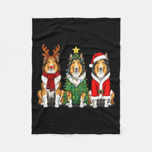 Retro Christmas Rough Collie Santa Reindeer Dog Lo Fleecedecke (Vorderseite)
