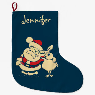 Retro Christmas Santa und sein Reindeer Buddy Großer Weihnachtsstrumpf