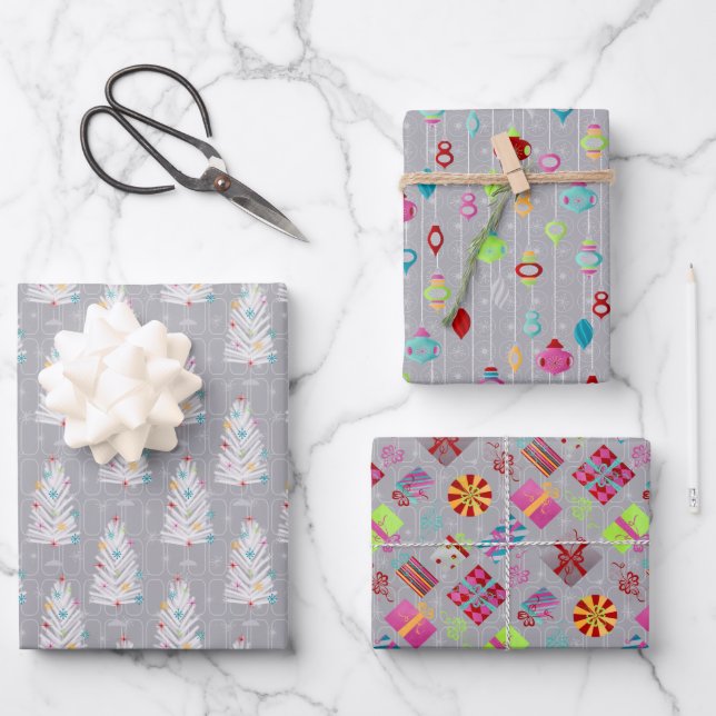 Retro Christmas Set 1 Grau Weihnachten Geschenkpapier Set (Vorderseite)