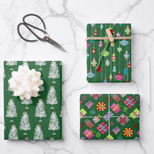 Retro Christmas Set 1 Grün Weihnachten Geschenkpapier Set