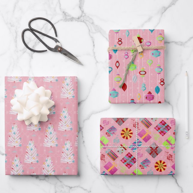 Retro Christmas Set 1 Rosa Weihnachten Geschenkpapier Set (Vorderseite)