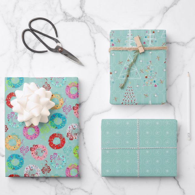 Retro Christmas Set 2 Aquamarin Weihnachten Geschenkpapier Set (Vorderseite)