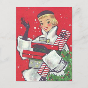 Retro Christmas Shopping Girl Vintag Feiertagspostkarte
