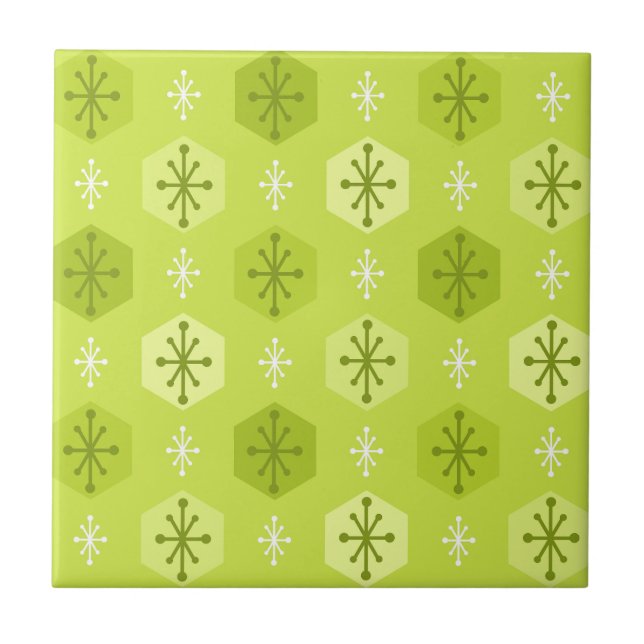 Retro Christmas Snowflakes Chartreuse Fliese (Vorderseite)