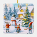 Retro Christmas Snowman Keramikornament<br><div class="desc">Geben Sie ein Ornament als Geschenk, und Ihre Familie und Freunde werden, was von Ihnen jedes Mal, wenn sie das Ornament auf dem Baum. Dieses Sake-Ornament zeigt ein Aquarellbild, das von der KI mit Schneemann, verziertem Weihnachtsbaum und Kindern beim Spielen erstellt wurde. Personalisieren Sie die Rückseite des Ornaments mit Ihren...</div>