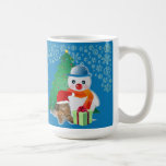 Retro Christmas Snowman und Snowflake Coffee Tasse<br><div class="desc">Hier ist eine Weihnachtskaffee-Tasse,  die für den "Schneemannliebhaber" geschaffen wurde. Die Retro-Tasse zeigt eine meiner Collagen von einem Schneemann,  einem Weihnachtsbaum und einer Weihnachtskatze. Der Hintergrund ist blau mit einem Schneeflockenmuster.</div>