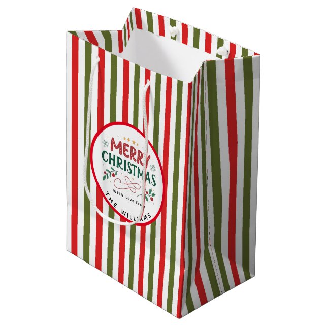 Retro Christmas Stripe Pattern Custom Christmas Mittlere Geschenktüte (Vorderseite Schrägansicht)