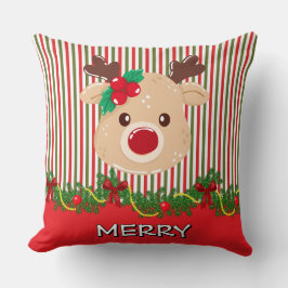 Retro Christmas Stripe Pattern & Reindeer Custom Kissen