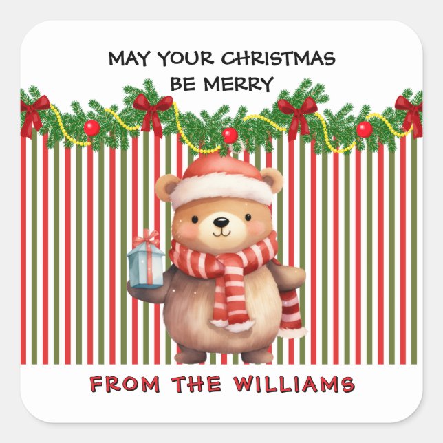 Retro Christmas Stripe Pattern & Teddy Bear Custom Quadratischer Aufkleber (Vorderseite)