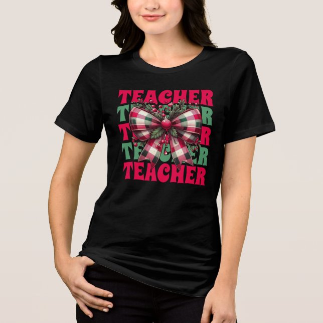 Retro Christmas Teacher Coquette Bow Tri-Blend Shirt (Vorderseite)