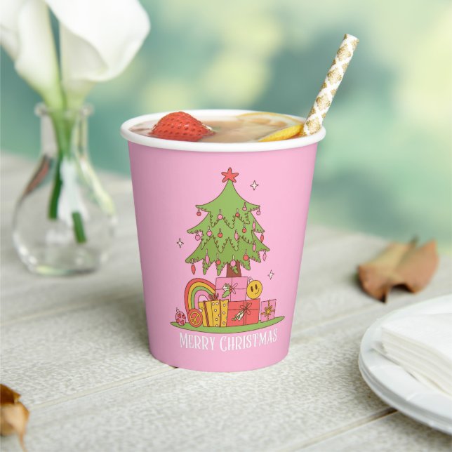Retro Christmas Tree Pink Pappbecher (In Situ)