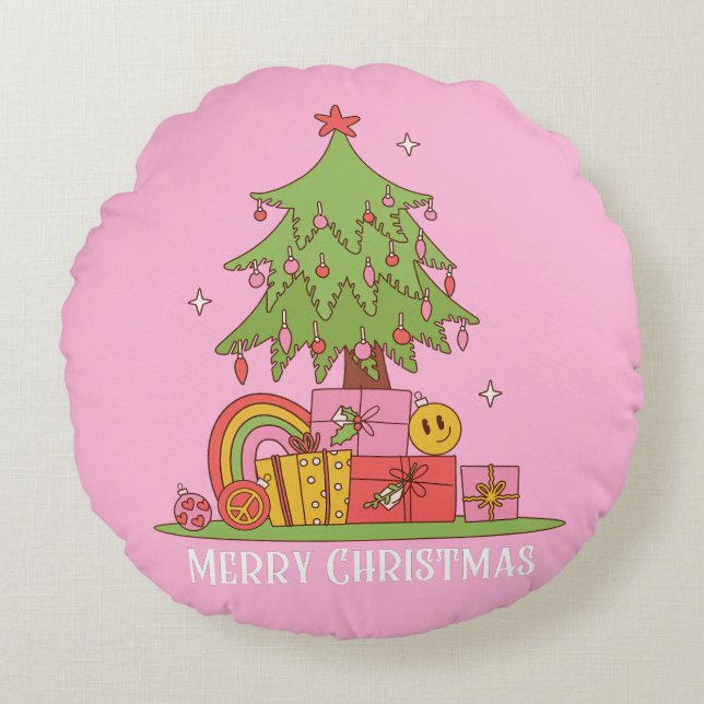 Retro Christmas Tree Pink Rundes Kissen (Vorderseite)