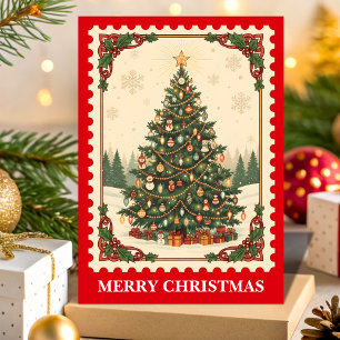 Retro Christmas Tree Postage Briefmarke Feiertagskarte