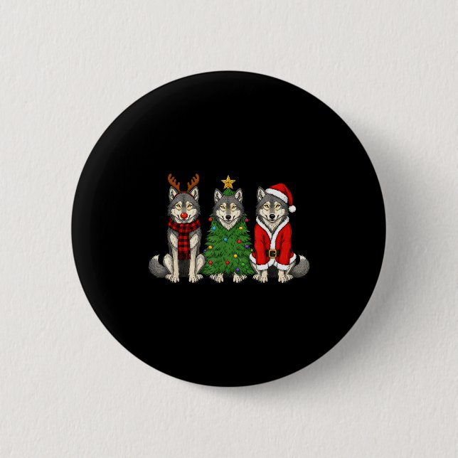 Retro Christmas Wolf Santa Reindeer  Button (Vorderseite)