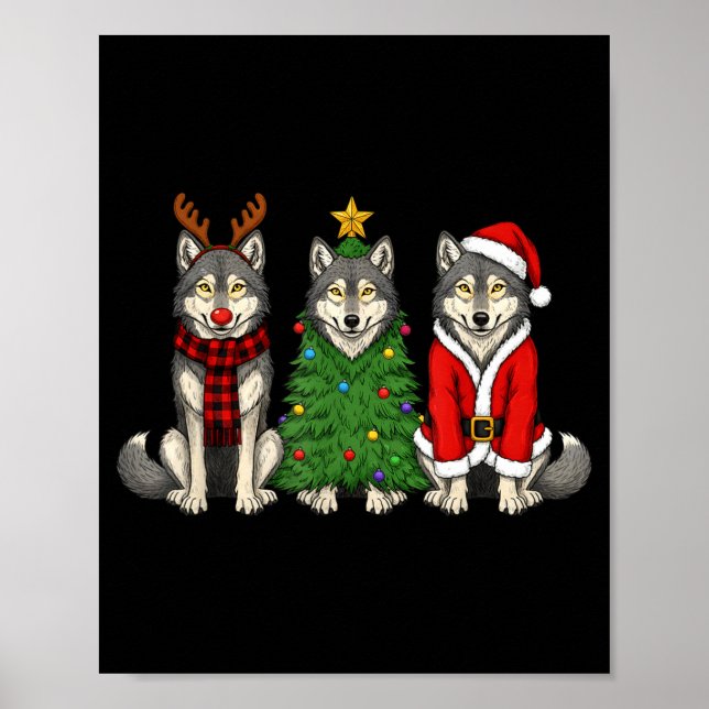 Retro Christmas Wolf Santa Reindeer  Poster (Vorne)