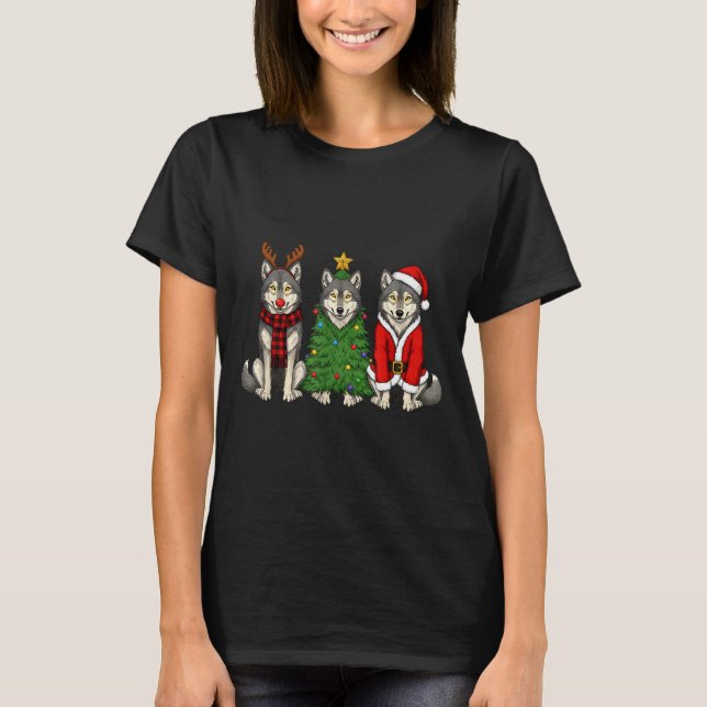 Retro Christmas Wolf Santa Reindeer  T-Shirt (Vorderseite)