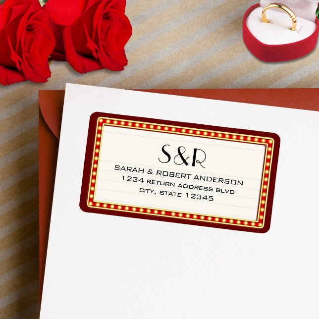 Retro Cinema Theater Marquee Sign Wedding Adresse Adressaufkleber (Retro Cinema Theater Marquee Sign Wedding Favor Label)