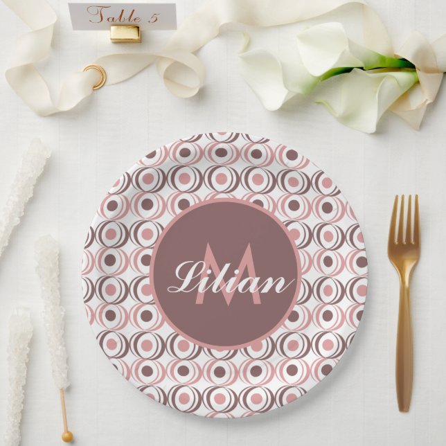 Retro Circular Earthy Tone Pink Mit Monogramm Pappteller (Hochzeit)