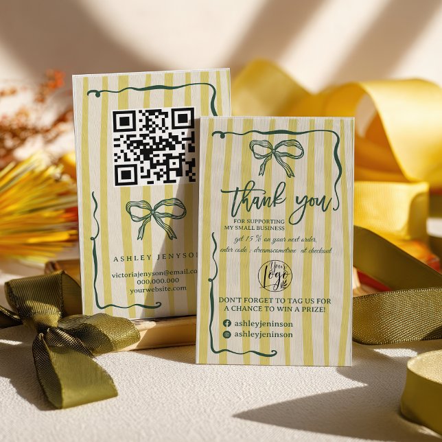 Retro Citrus Green Bow Logo QR Thank You Order Visitenkarte (Retro Citrus Green Bow Logo QR Thank You Order Business Card)