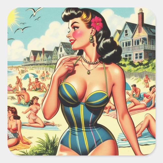 Retro Classic Beach Button Up Quadratischer Aufkleber (Vorderseite)