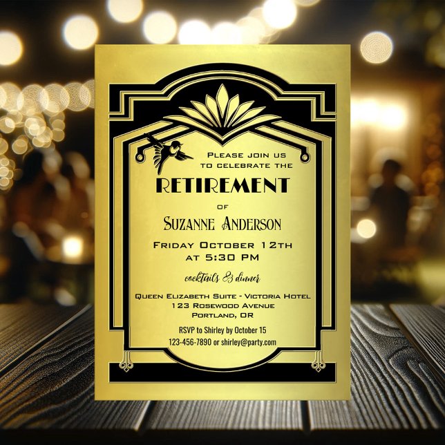 Retro Classic Black Gold Art Deco Pension Party Einladung (Retirement party invitation featuring a classic retro black and gold design in art deco style)
