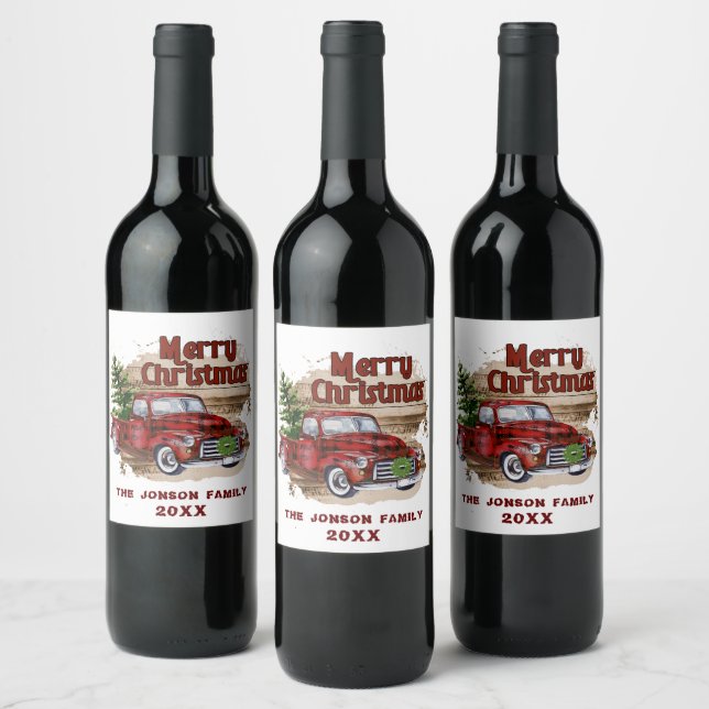Retro Classic Rustic Frohe Weihnachts Red Truck Weinetikett (Flaschen)